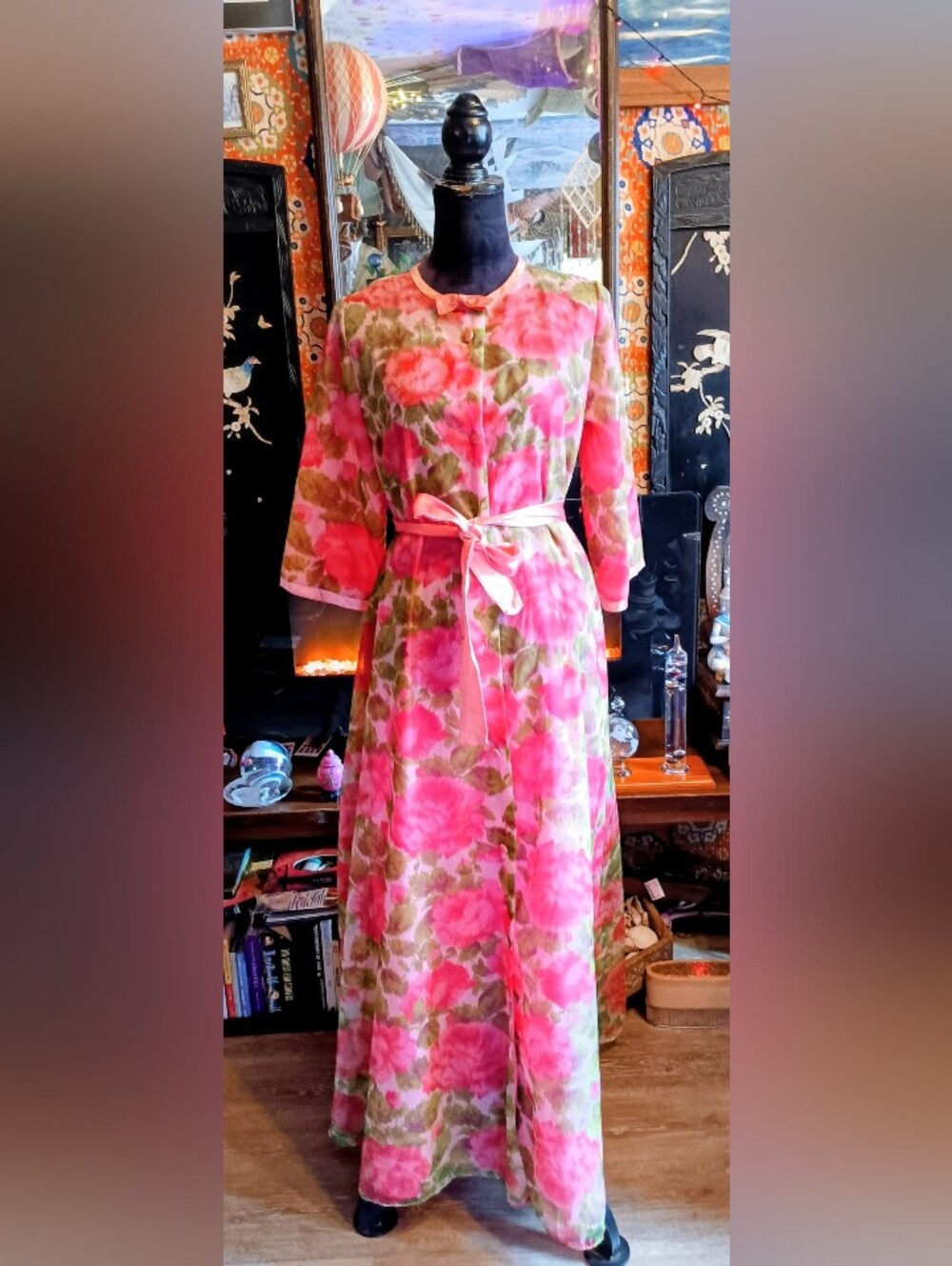 Vtg 60s Keyloun Floral Maxi Caftan Robe Pink Cabbage Rose Bohemian House Dress
